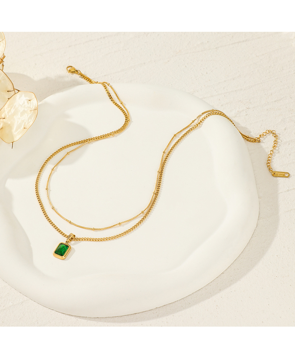 Retro Square Stainless Steel Inlay Artificial Gemstones Necklace