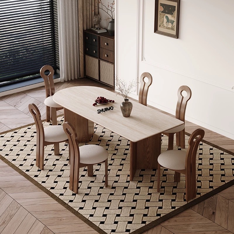 Delifeng Rockpan Cave mesa de comedor de estilo francés de piedra pequeña casa de lujo crema semicircular mesa de comedor rectangular salón