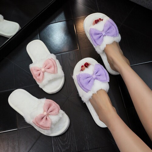 TEMU SHEIN plush big hit European and American wool plush bowknot cotton slippers for women's fluffy cotton slippers