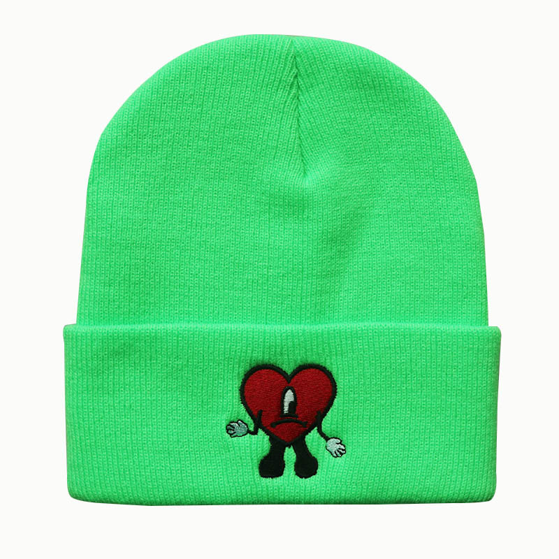 Pop autumn and winter singer bad bunny embroidered knitted hat pullover warm wool cold hat for men and women_voghion.com