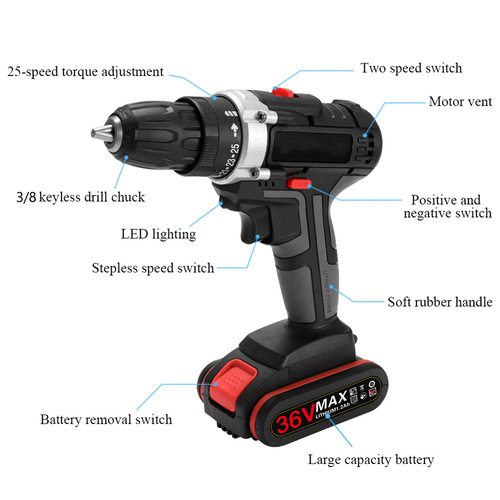 Lithium Battery Drill with Dual Speed Charger, Plastic Box, Hammer Drill, Multi-function Home Electric Screwdriver, Electric Screwdriver, Two-in-One