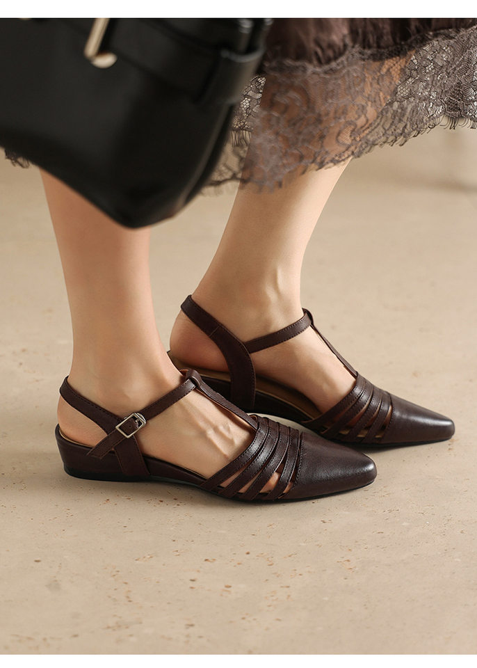 Sandal nữ hở mũi gót thấp 3 cm, quai dệt đinh tạo kiểu cổ điển — Sữa hạnh nhân chi tiết 26