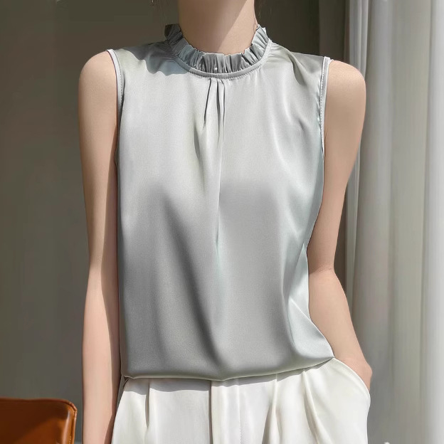 Spring New Arrival Semi-high Collar Silk Camisole Vest Women's Sleeveless Loose Inner Base Shirt Top with Wood-ear Edge
