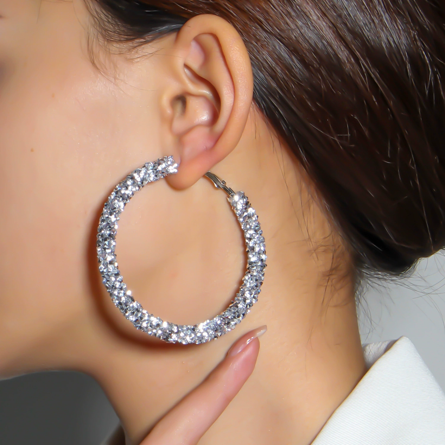 Кольцо-гвоздики серьги Hoop Earrings, Европейско‑Американская мода сплав с инкрустацией кристаллами, 6.5 см, легкость
