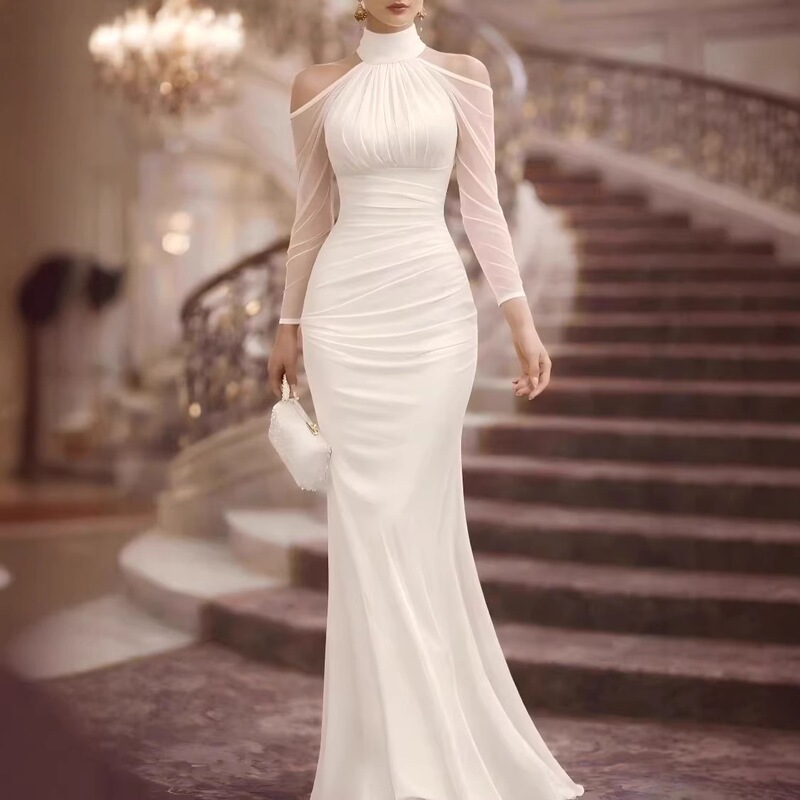 Women's Halter Neck Sexy Fashion Party Long Dress Amazon New Elegant Sheer Off-Shoulder Long Sleeve Evening Gown Women's Halter Neck Sexy Fashion Party Long Dress Amazon New Elegant Sheer Off-Shoulder Long Sleeve Evening Gown