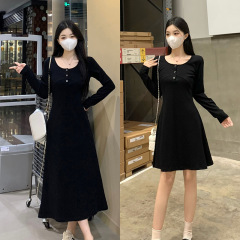 纯棉胖mm大码小黑裙a字休闲连衣裙女春打底显瘦遮肚高级感裙子