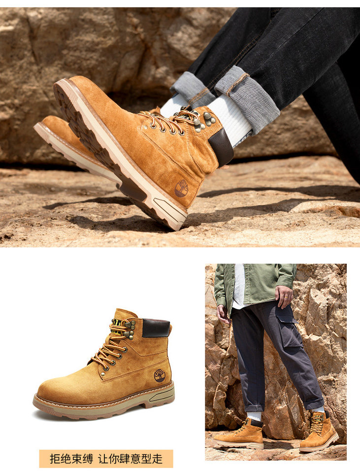 Giày bốt Martin nam cổ vừa gót vuông 3–5 cm, dây buộc phía trước, lót nhung giữ ấm — 79733-R lót nhung màu vàng, Màu vàng 79733 chi tiết 5