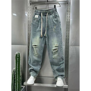 American High Street Retro Washed Ripped Jeans Men's Trendy Loose Straight Wide-Leg Pants Men's Distressed Ripped Pants