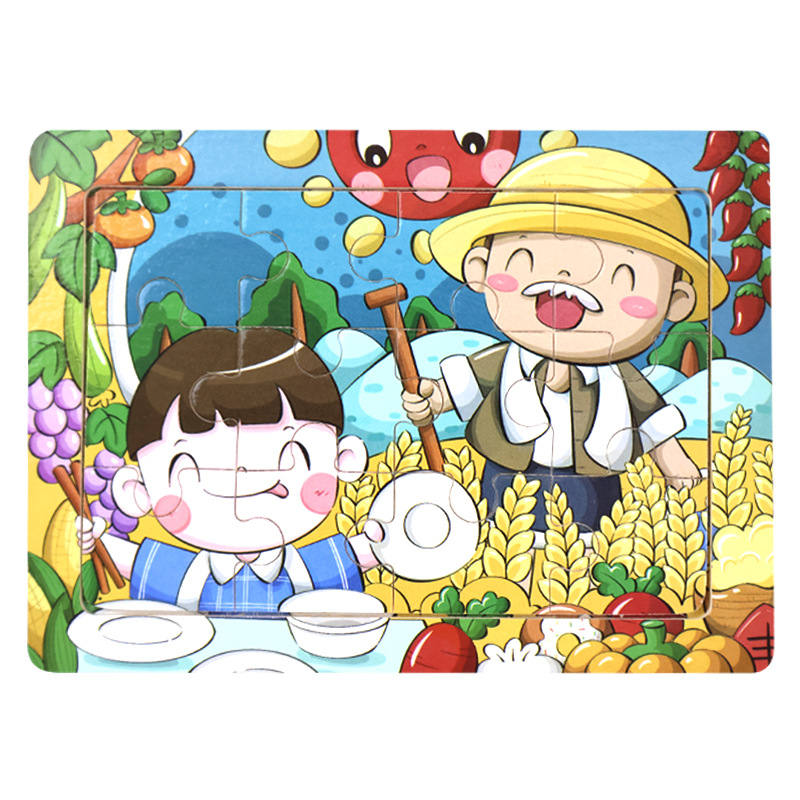 Rompecabezas plano de madera de 12 piezas, juguetes educativos para niños pequeños, rompecabezas de pensamiento lógico cognitivo de animales de dibujos animados de educación temprana