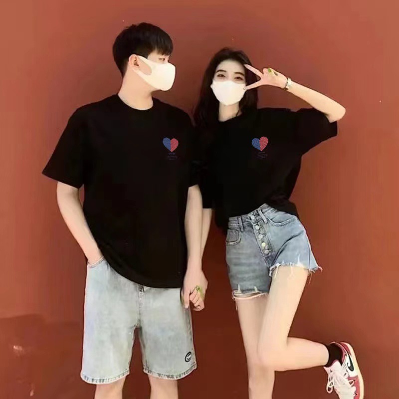 2025 New Fingerprint Heart Couple Short-Sleeve T-Shirt Women's Trendy Brand Roora High-End Design Niche Summer Wear