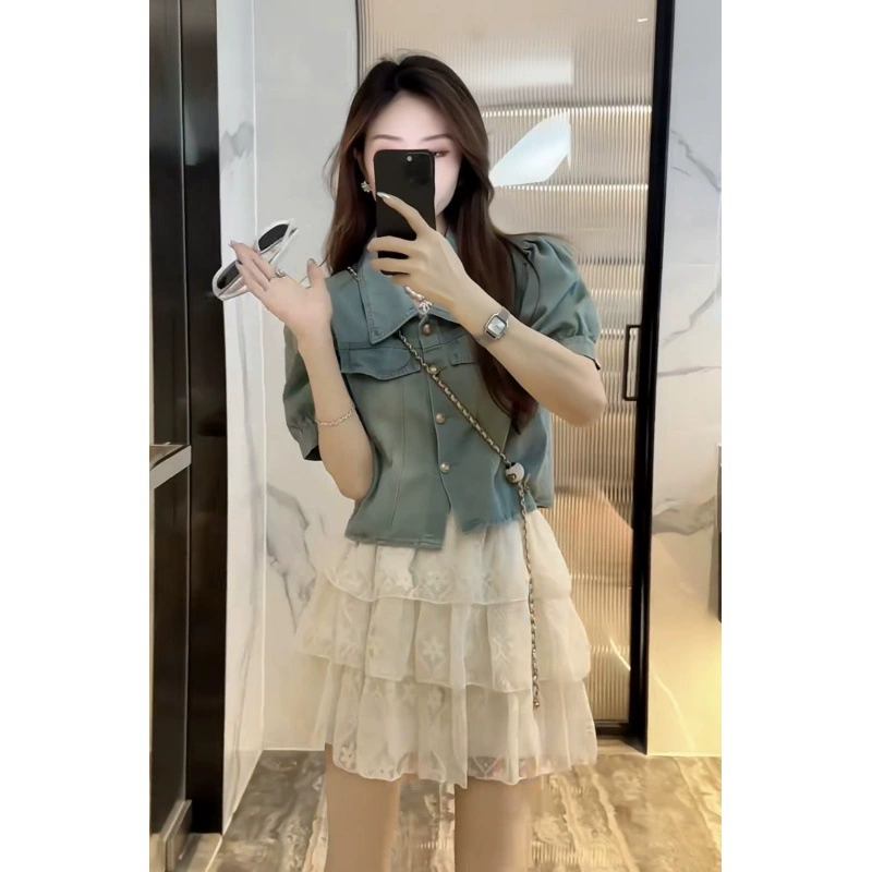 «Кросс-браничная торговля»? universal design set, brace, denim jacket, city style, trend of season, with short sleeve