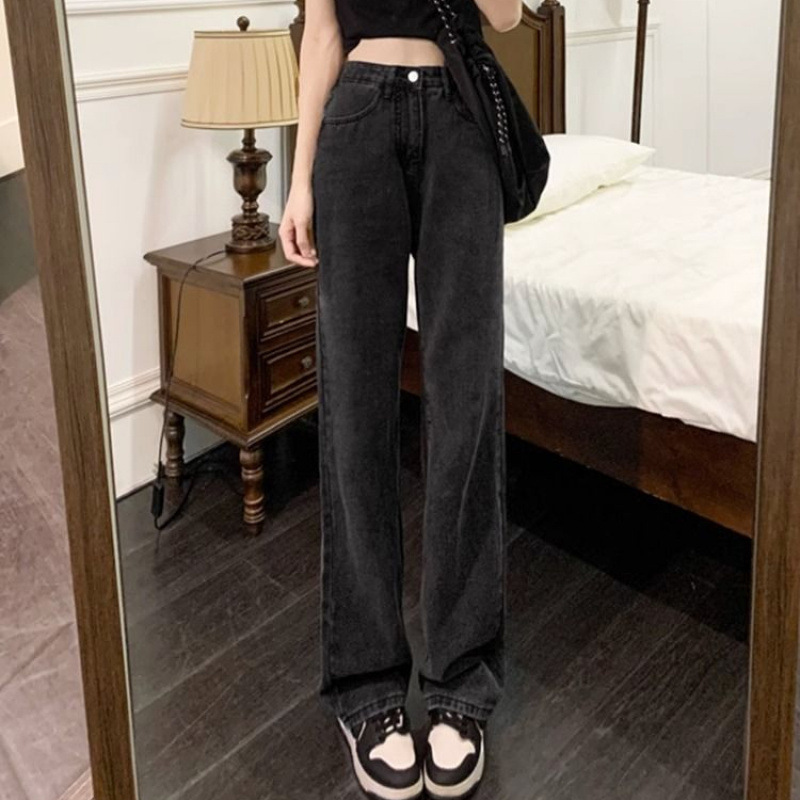 Black and Gray Wide-Leg Jeans for Women, Straight-Cut, Slimming, High-Waisted, New Spring and Autumn Design, Unique Floor-Length Pants Black and Gray Wide-Leg Jeans for Women, Straight-Cut, Slimming, High-Waisted, New Spring and Autumn Design, Unique Floor-Length Pants