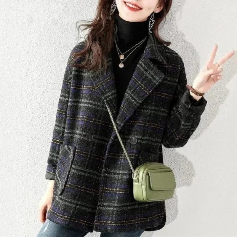 New Plaid Suit Woolen Coat 2024 Autumn and Winter Women's Korean Style Loose Retro Plaid Woolen Coat Mid-length