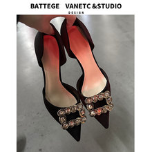 方扣水钻中空高跟鞋2025夏季新款黑色尖头职业工作鞋百搭浅口单鞋