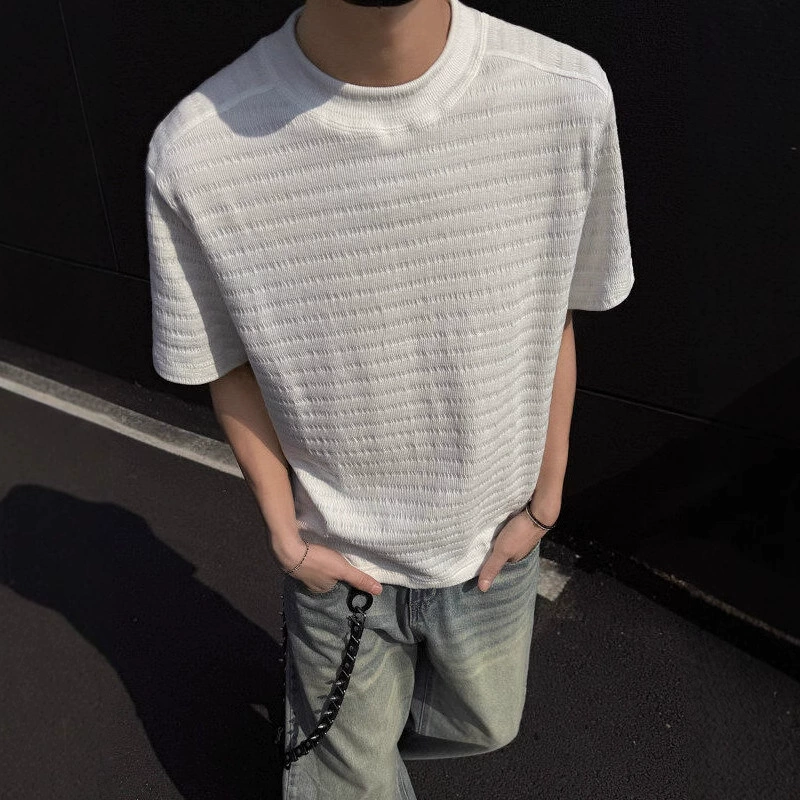 Сплошной цвет короткий дышащий текстура смешивания с продвинутым чувством основы жаккардовая футболка мужской летний стройный дикий круглый воротник с полукругом
