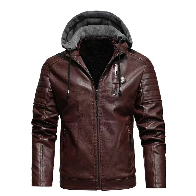 Motorcycle jacket for autumn and winter, men's thick fleece hooded zipper leather handsome stand up collar jacket, 1002_voghion.com