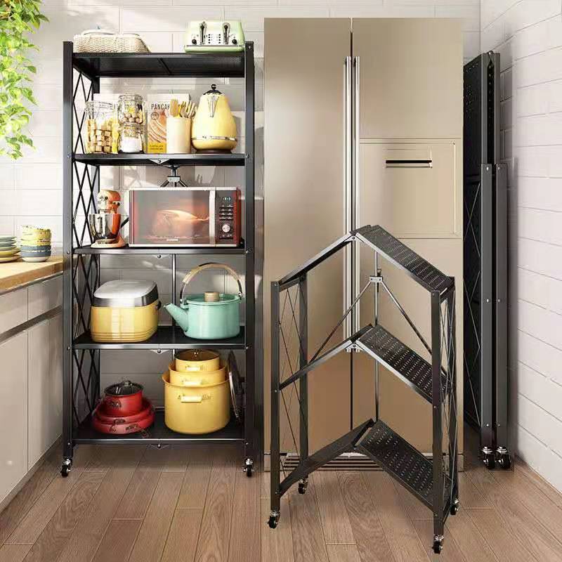 Cocina carro pequeño sin instalación estante de almacenamiento plegable estante de acabado de piso multicapa horno de microondas estante de almacenamiento