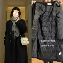 黑色羽绒服内胆羊绒大衣女中长款2025新款长款毛呢小个子外套爆款