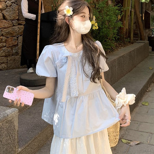 Japanese-Style Fresh and Cute Puff Sleeve Top for Women, Summer Bow Lace Splicing Sweet Babydoll Shirt to Cover the Flesh