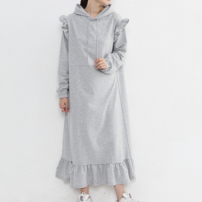 Autumn and Winter Korean style age-reducing ruffled drawstring hooded loose new long sleeve dress over-the-knee long dress plus size