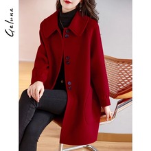 新款中长双面绒羊毛外套女设计感手工缝制百搭毛呢大衣女