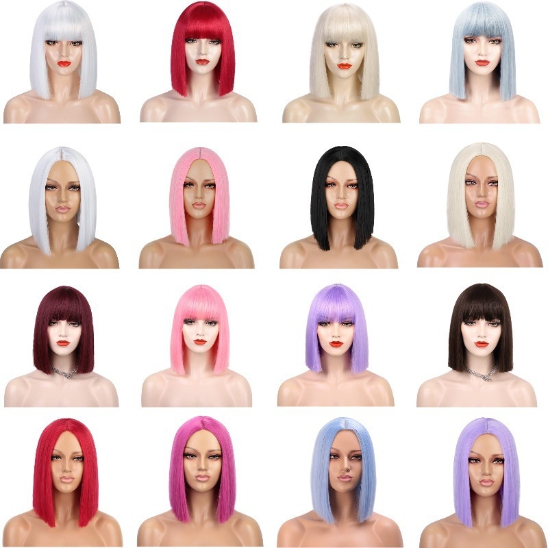 クロスボーダーアマゾンホリデーウィッグアニメカラフルなボボヘッドコスショートヘアマルチカラーフラット前髪ショートストレートヘアヘッドギア|undefined