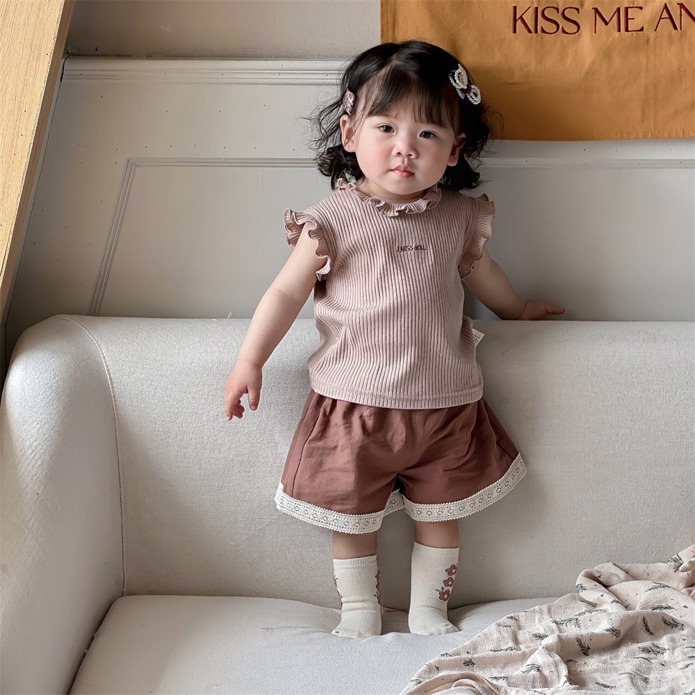 Verano estilo princesa dulce color sólido ropa de salida de bebé sin mangas top traje de pantalones cortos de encaje