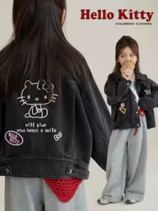 面包仔 Hello Kitty, весенняя джинсовая куртка, детская одежда, тренд сезона, с вышивкой, оверсайз, в корейском стиле