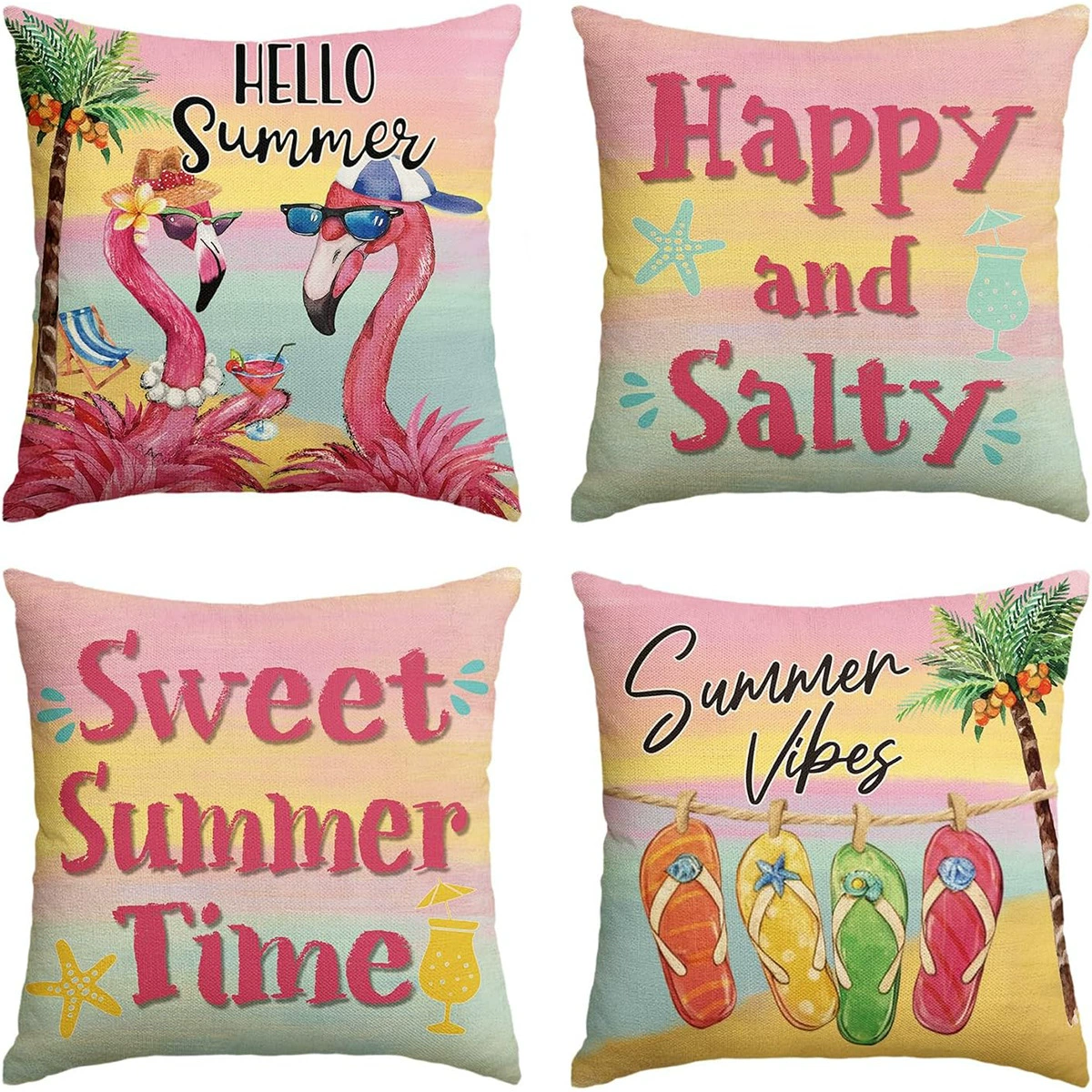 Лидер продаж, новые летние пляжные тапочки с закатом, розовая наволочка с фламинго, наволочка из льняного материала