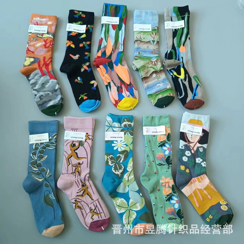 New French BM women's socks artistic retro Four Seasons mid-calf length socks versatile oil painting style niche cotton women's fashion socks wholesale