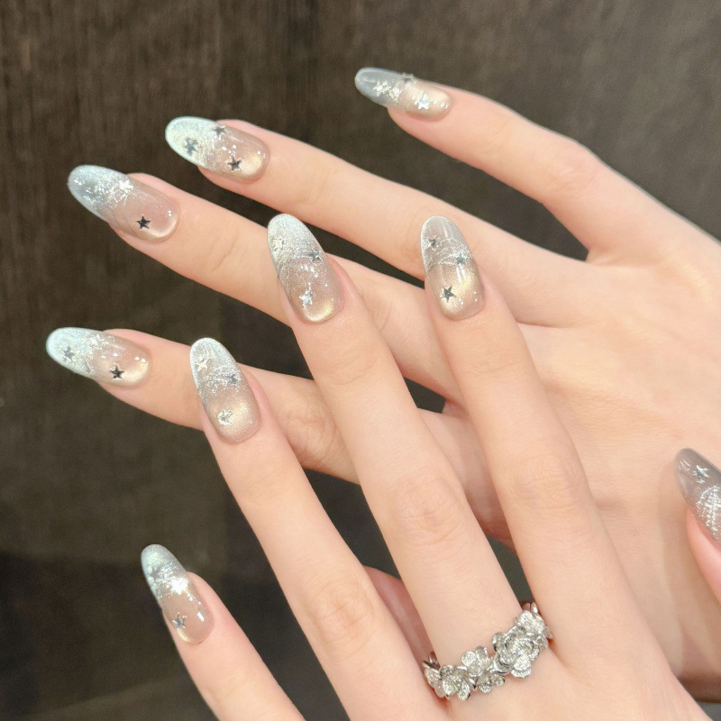 【White Moon Star】Star Halo Cat's Eye Meteor Cool High-End Feel Medium-Length Handmade Wearable Nail Art Stickers