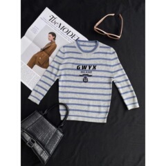 王印象新商品起爆オリジナル一対縞薄い灰色の丸首女性ウールニットtシャツ