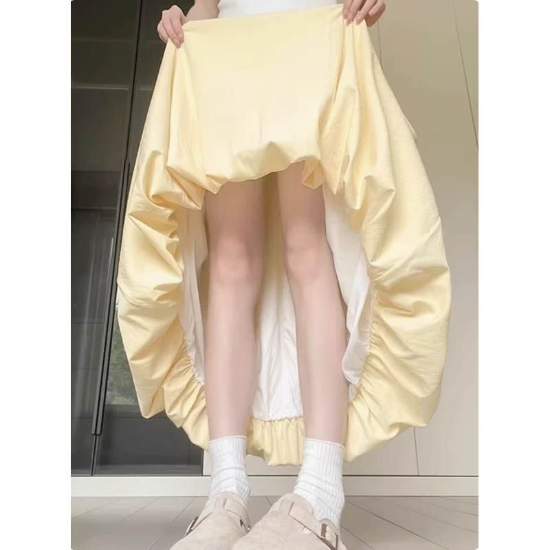 Flower Bud Skirt Women's Summer Thin Ice Silk Lantern Skirt Gentle Wind Mid-Length High Waist A-Line Cloud Tutu Skirt