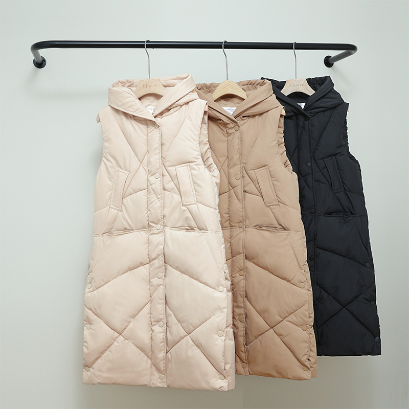 Damas de invierno chaleco de algodón de pluma larga mujer de invierno sobre la rodilla tela de tarjeta de ruptura nueva moda coreana engrosada clip de caballo image 4
