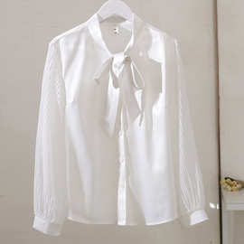 白色雪纺衬衫女气质通勤职业设计感小众飘带蝴蝶结衬衣上衣大码女