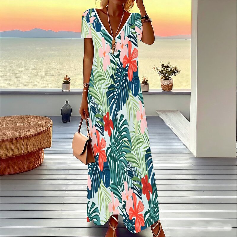 2026 Summer New European and American Cross-Border Printed V-Neck Dress for Women, Beach Vacation Style, Loose Long A-line Dress