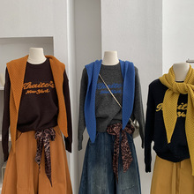 欧玛莱 镂空三角披肩圆领字母提花长袖宽松针织衫套头毛衣女 5433