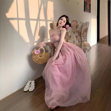 法式温柔花朵半身裙女夏季粉色气质高腰网纱a字裙设计感中长裙子