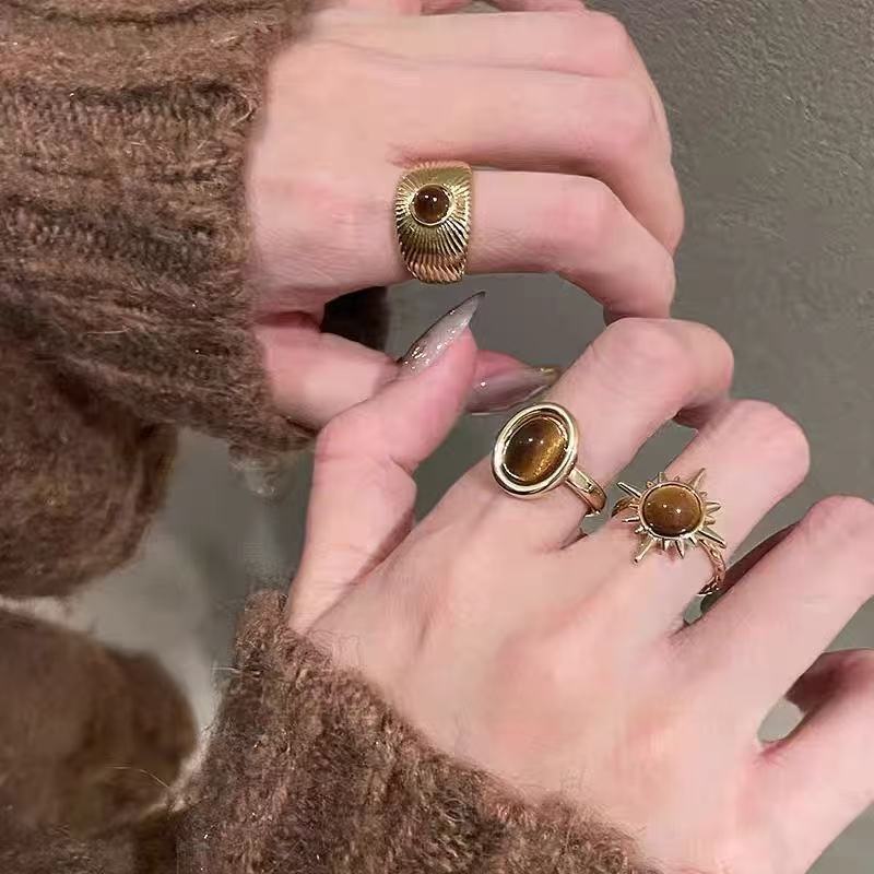 Vintage Tiger Eye Sunflower Ring for Women Trendy Light Luxury High-End Niche Index Finger Ring Personality Internet Celebrity Popular Ring