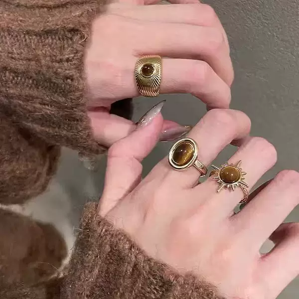 Vintage Tiger Eye Sunflower Ring for Women Trendy Light Luxury High-End Niche Index Finger Ring Personality Internet Celebrity Popular Ring