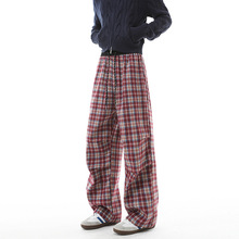 2025秋装新款男士格纹直筒裤美式复古褶皱宽松休闲裤长裤男