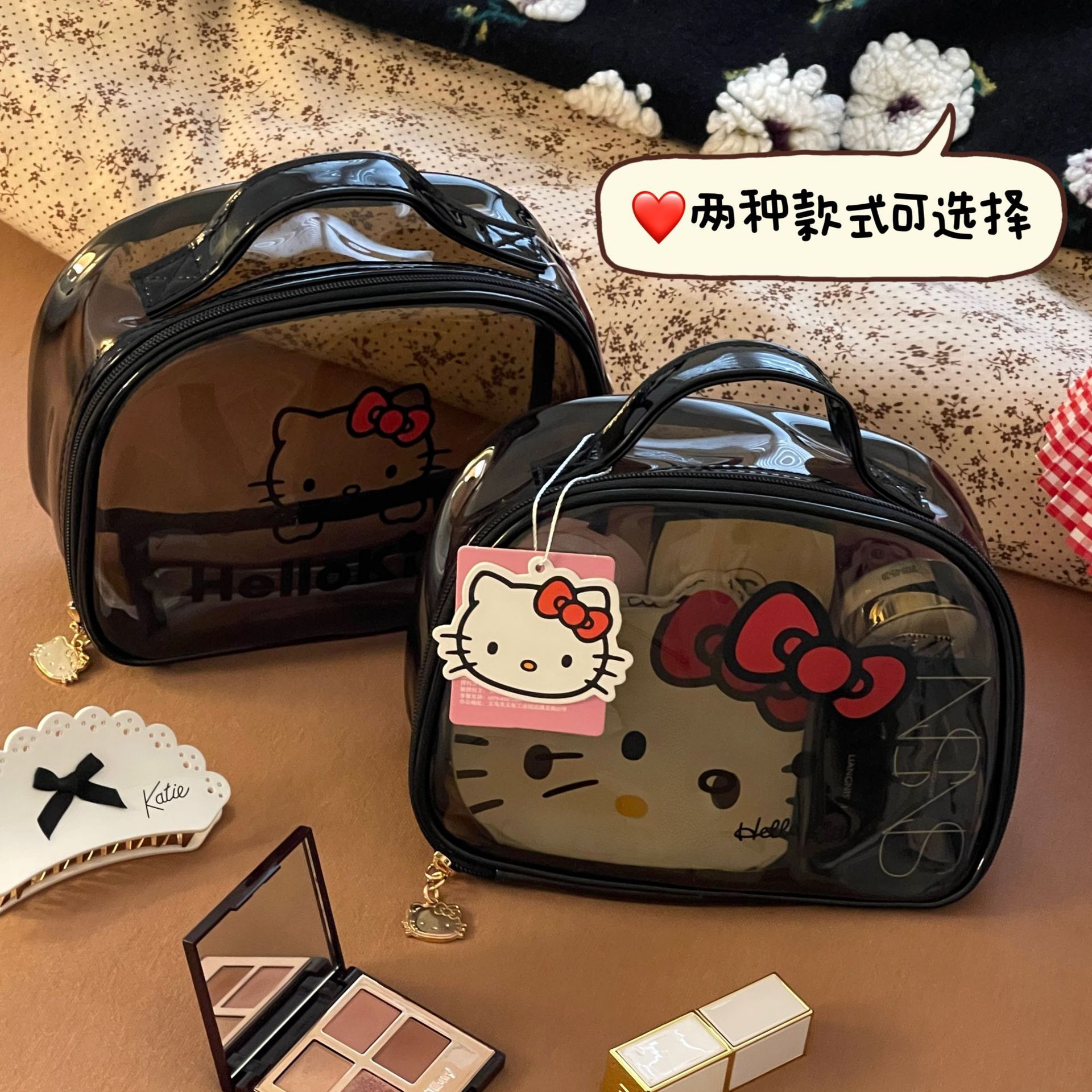 Bonita Hello Kitty Kitty bolsa de maquillaje portátil impermeable de gran capacidad para mujeres bolsa de higiene portátil bolsa de almacenamiento