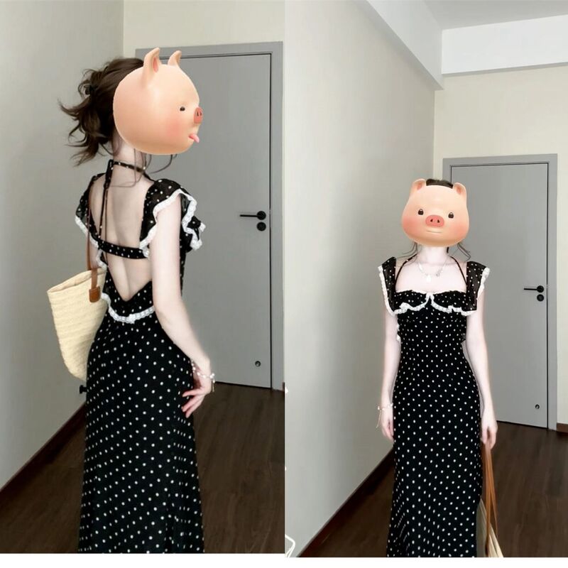 French Tea Break Square Neck Lace Ruffle Polka Dot Dress Women's Summer Design Backless Seaside Vacation Long Dress