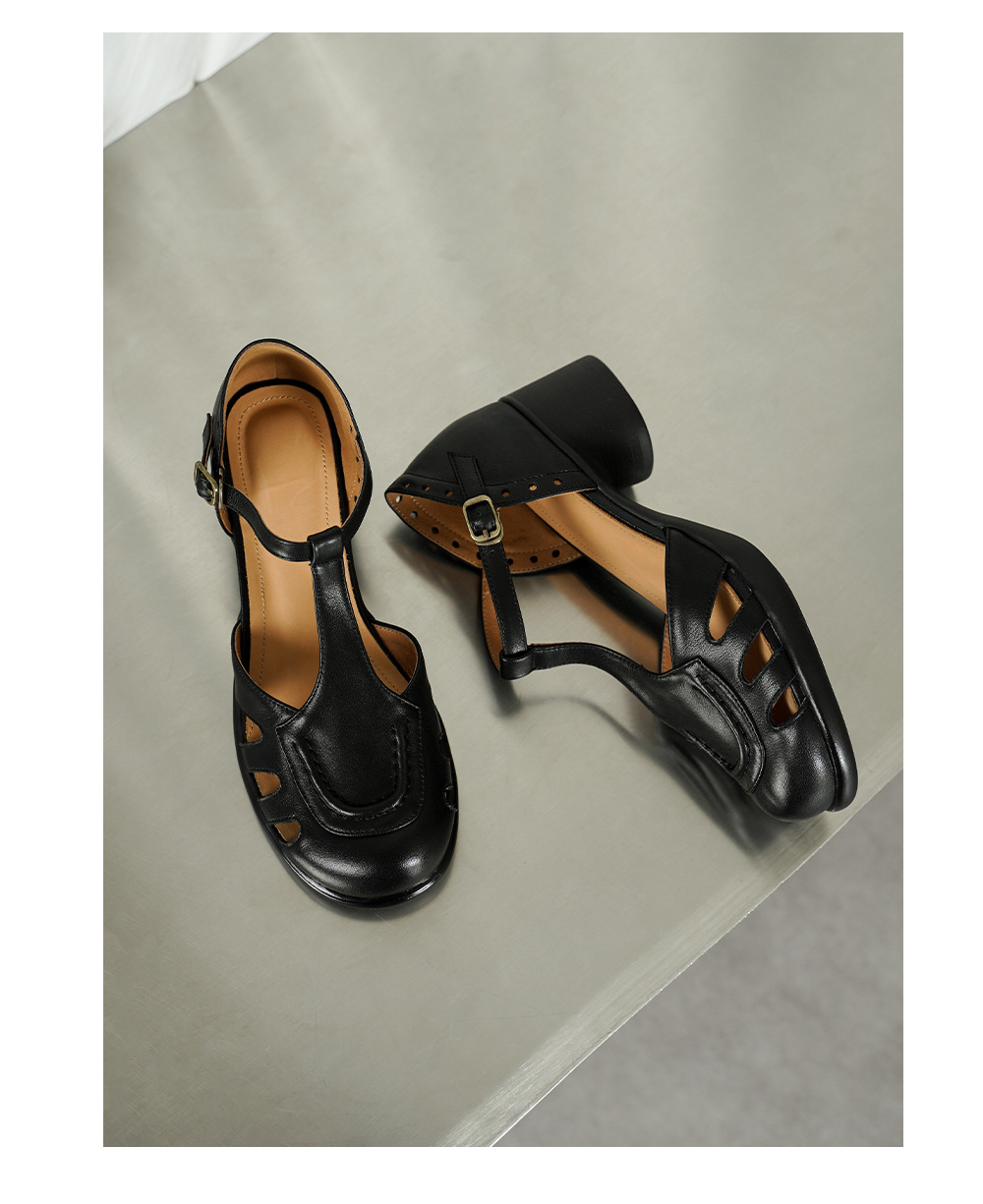 Sandal cao gót nữ mũi nhọn quai ngang khóa T, gót 5 cm, da bò thật — đen chi tiết 16