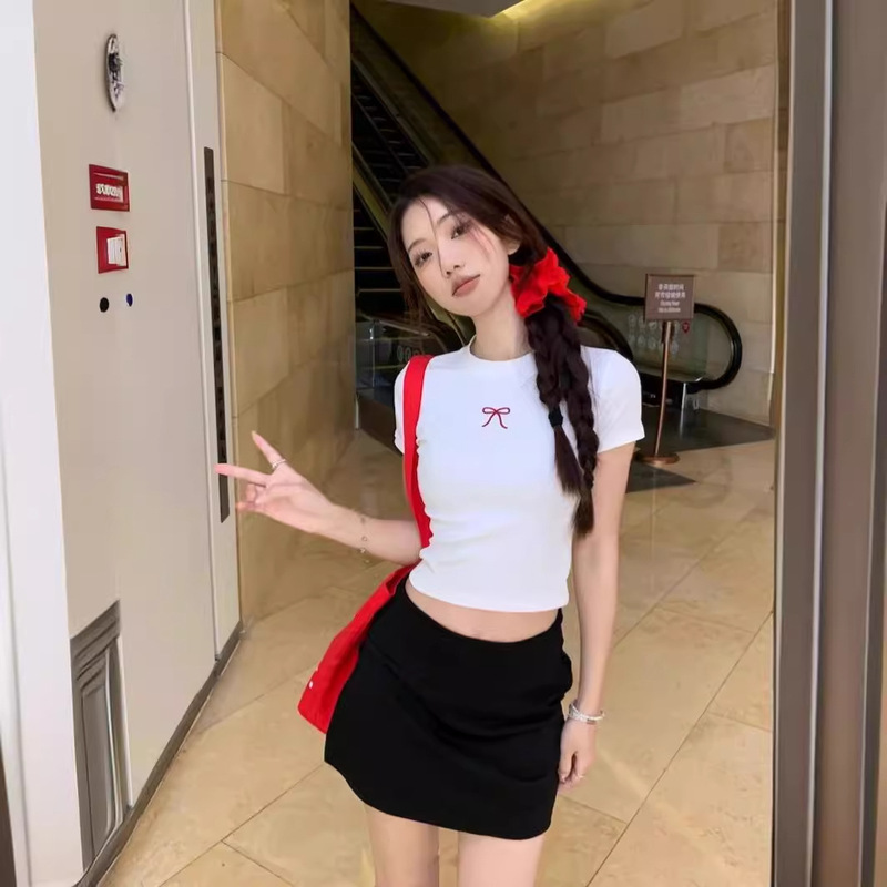 2024 Summer Sweet Spice Girl Bow Printed T-shirt Women's Summer Navel-exposed Short Short Short-sleeved Shoulder Top