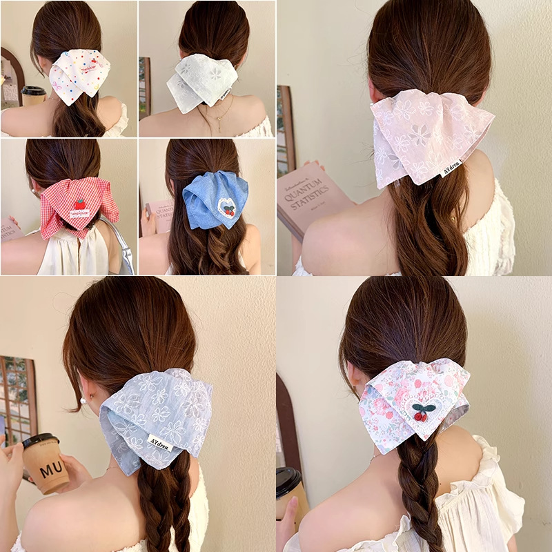 pink flower square scarf hair band female sense mori style tie hair large intestine hair rope square low ponytail hair string rubber band