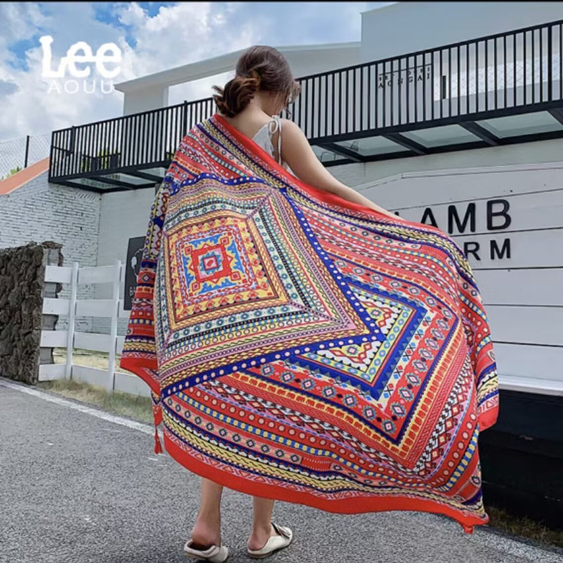 Sopa de satén de twill para mujeres 2025 bufandas de viento nacional de verano tibetanas bufandas de seda protector solar lago Qinghai turismo foto toalla de playa