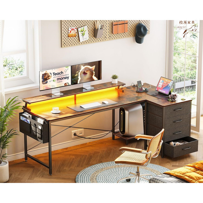 Bedroom L-Shaped Computer Desk with USB Power Outlet, Non-Woven Fabric Drawer, Steel Frame Office Desktop Desk