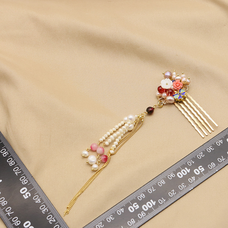 Natural de la Perla del pelo peine de inserción peine cloisonne estilo nacional borla accesorios para el cabello de cinco dientes updo metal peine del pelo de alta calidad al por mayor
