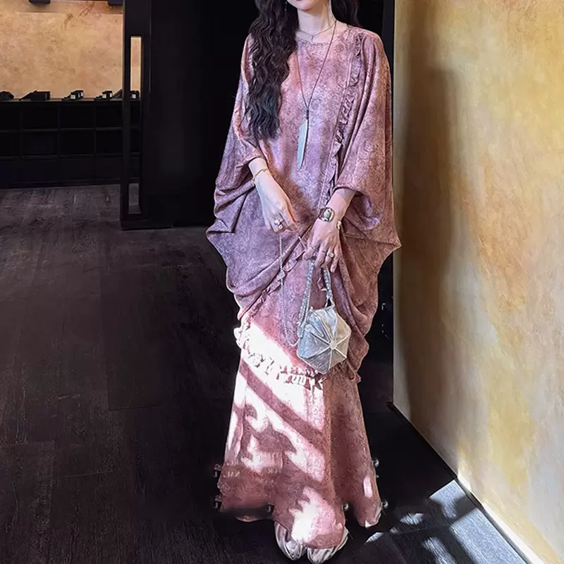 现货【春雨烟】设计款人丝汝窑纹连衣裙2025春季新款